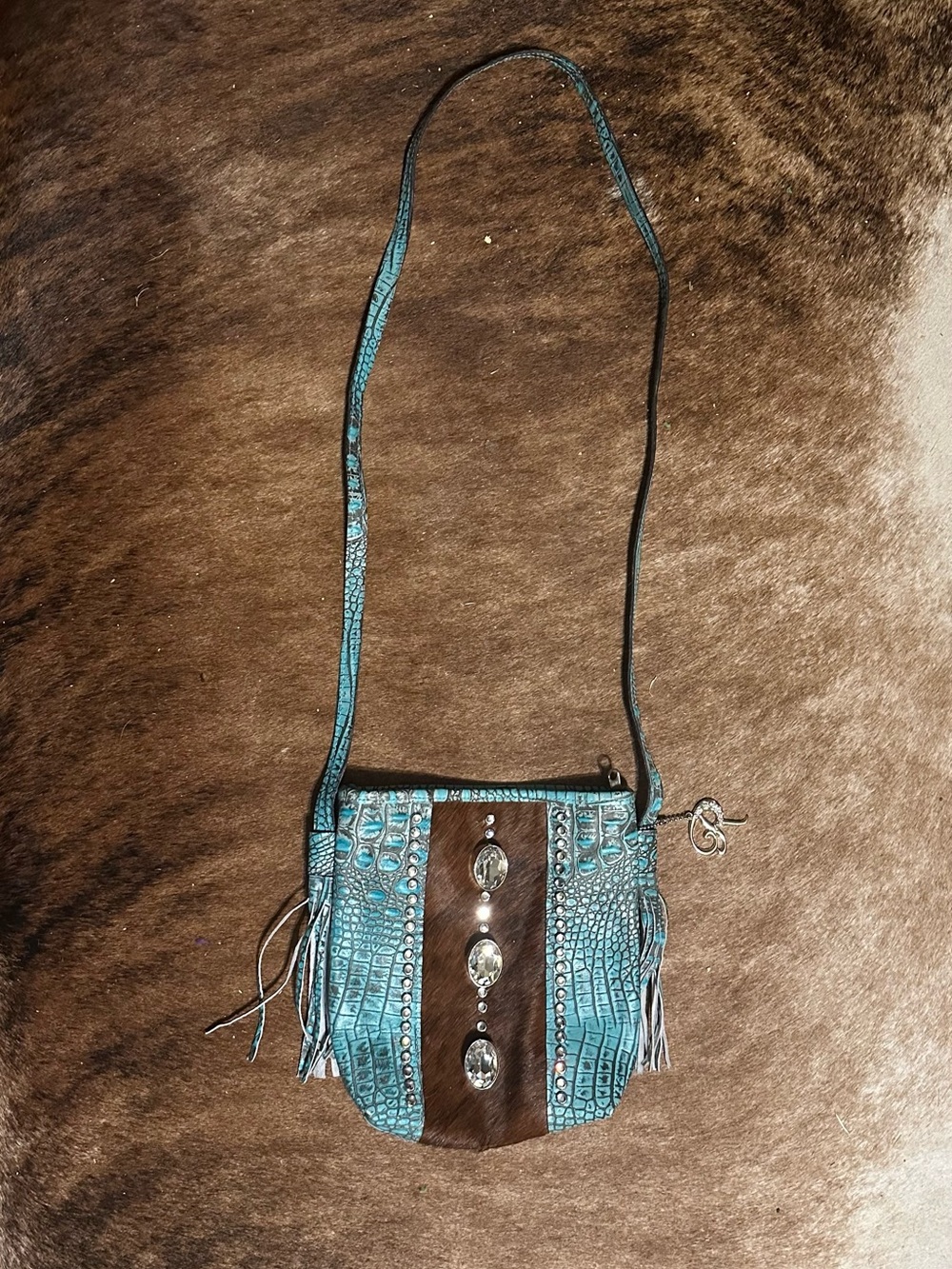 Raviani Turquoise Croc-Embossed Fringe Crossbody with Crystal Accents